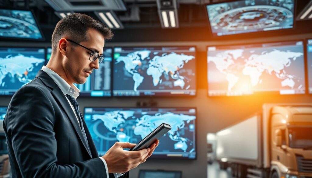 A modern logistics control center featuring multiple screens displaying real-time GPS tracking of vehicles in transit. In the foreground, a business professional in smart attire is reviewing data on a tablet, with an expression of focus and determination. The middle layer captures a large digital map showing routes and vehicle icons in motion, illuminated by soft, ambient lighting from overhead monitors. The background includes high-tech transportation equipment and moving trucks, symbolizing efficiency and connectivity. The atmosphere is professional and dynamic, conveying a sense of reliability and advanced technology in auto shipping. The scene is captured from a slightly elevated angle to emphasize the screens and the action of tracking.