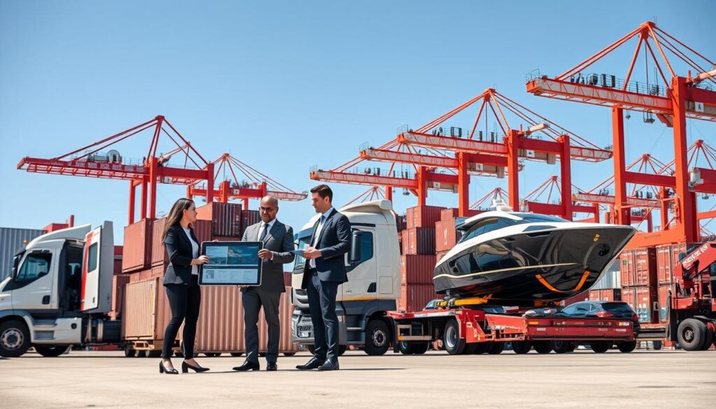 A modern logistics hub showcasing integrated shipping services with a foreground featuring a sleek, professional business team in business attire engaging in discussion around a large digital tablet displaying shipping data. The middle section includes shipping containers, a polished delivery truck, and a modern corvette being loaded on a transport vehicle. The background features a bustling warehouse with cranes and cargo ships at a busy port under a clear blue sky. Bright, daylight illuminates the scene, highlighting the efficiency and reliability of the logistics services. The atmosphere conveys professionalism and teamwork, emphasizing the dynamic nature of integrated shipping solutions. A modern logistics hub showcasing integrated shipping services with a foreground featuring a sleek, professional business team in business attire engaging in discussion around a large digital tablet displaying shipping data. The middle section includes shipping containers, a polished delivery truck, and a modern corvette being loaded on a transport vehicle. The background features a bustling warehouse with cranes and cargo ships at a busy port under a clear blue sky. Bright, daylight illuminates the scene, highlighting the efficiency and reliability of the logistics services. The atmosphere conveys professionalism and teamwork, emphasizing the dynamic nature of integrated shipping solutions.