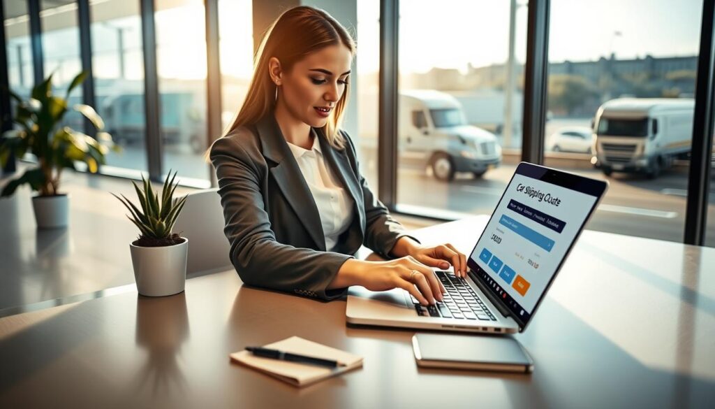 A modern office environment with a professional atmosphere, featuring a sleek desk with a laptop open displaying a car shipping quote website. In the foreground, a businesswoman in smart attire types on the laptop, looking focused and engaged. The middle layer includes a potted plant and a notepad with a pen, adding to the organized workspace. The background reveals a large window with natural light flooding in, casting soft shadows across the room. Outside the window, a distant view of trucks transporting cars on the highway. The overall mood should convey efficiency, professionalism, and a sense of clarity in the car shipping process. Use bright, warm lighting to create an inviting ambiance, with a shallow depth of field to emphasize the subject.
