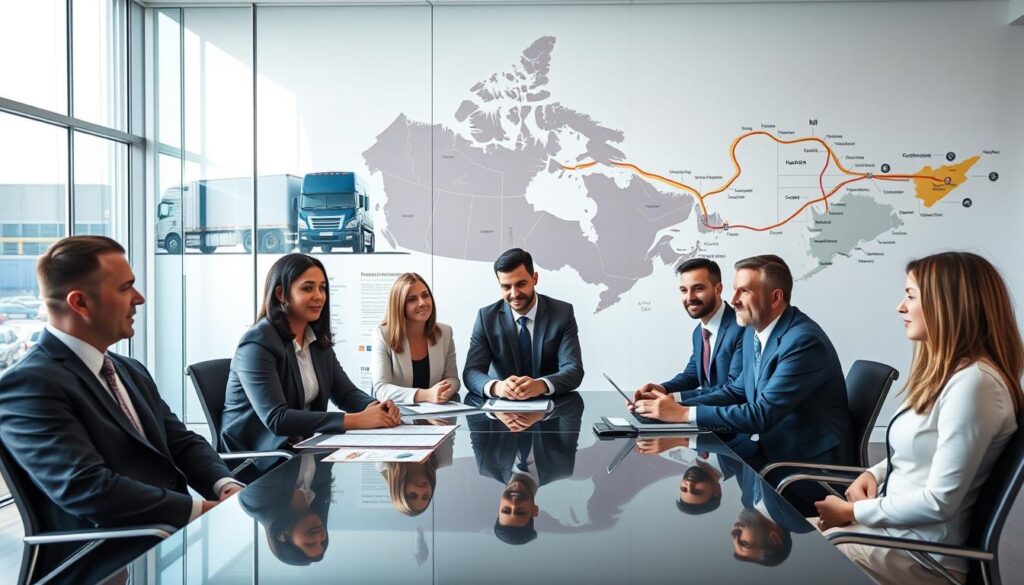 A modern, professional automobile shipping company office. In the foreground, a diverse group of business professionals in smart attire discuss logistics around a sleek conference table. The middle ground features a large window showcasing a fleet of trucks with cars securely loaded, emphasizing safety and reliability. In the background, a map of Canada on the wall highlights key transport routes in vibrant colors. Bright, natural lighting floods the room, creating an inviting atmosphere. Use a wide-angle lens to capture the full scope of the office environment, with a slight depth of field that keeps the focus on the people while hinting at the bustling activity outside. The mood is optimistic and focused, suggesting efficiency in auto transport services.