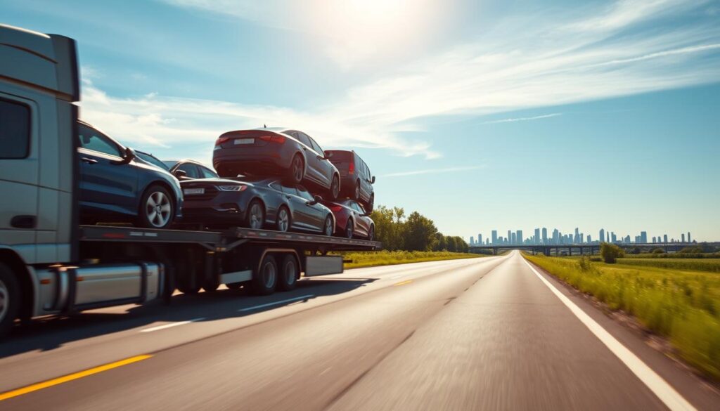 A modern, reliable car shipping scene, showcasing a transport truck loaded with multiple vehicles in various colors. In the foreground, the truck is angled to the viewer, revealing the polished cars strapped securely on the trailer. The middle ground features a well-maintained highway, lined with lush greenery and blue sky, symbolizing a long-distance journey. In the background, a distant city skyline hints at nationwide reach. The sunlight casts a warm glow, enhancing the sense of reliability and professionalism. The composition should evoke a feeling of peace of mind, with a clear and crisp focus, using a wide-angle lens to capture the broad landscape and emphasize the transportation theme.