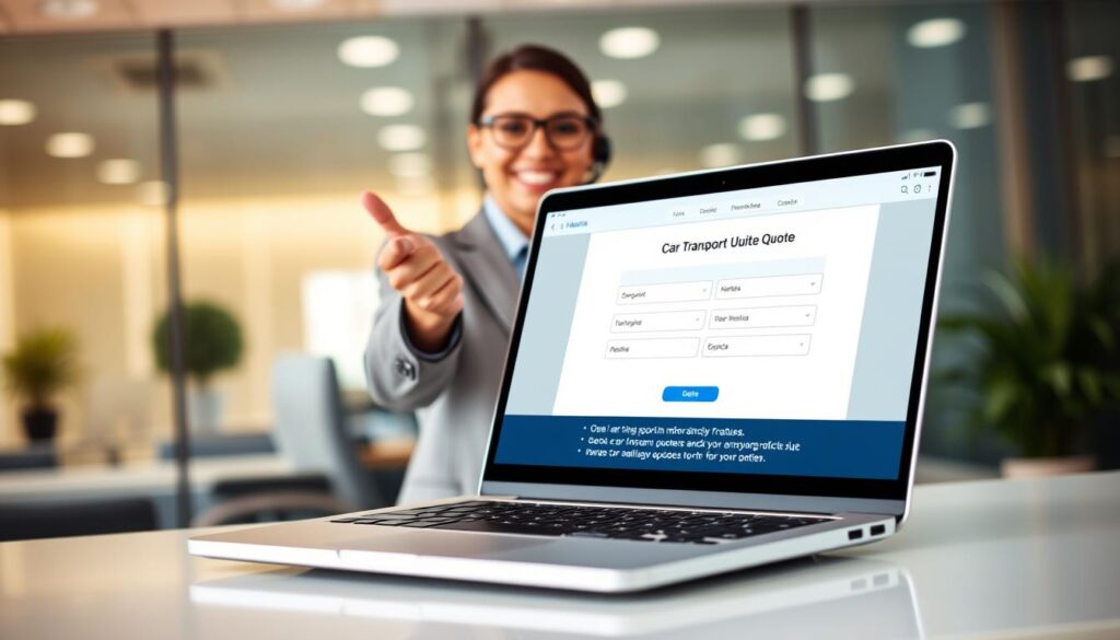 A modern, sleek car transport quote interface displayed prominently in the foreground, featuring an elegant laptop with an open webpage displaying a simple, user-friendly form for obtaining instant quotes. In the middle ground, a friendly customer service representative in smart business attire gestures towards the screen, showcasing professionalism and approachability. Soft, warm lighting creates an inviting atmosphere, with a subtle gradient background that suggests a bustling office environment. The camera angle is slightly elevated, providing a clear view of both the laptop and the representative, emphasizing a sense of urgency and efficiency. The overall mood is encouraging and dynamic, capturing the quick and accessible nature of obtaining a car transport quote within minutes.