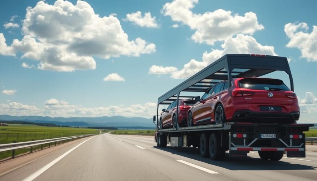 A modern tracking vehicle transport scene in action, highlighting a sleek, state-of-the-art car carrier truck moving along a scenic highway between Calgary and Toronto. In the foreground, vibrant red and blue vehicles are securely loaded on the trailer, showcasing the reliable transportation service. The middle ground features a clear blue sky, with fluffy white clouds reflecting sunlight that glimmers off the vehicles’ surfaces. In the background, the beautiful Canadian landscape unfolds, with distant mountains and lush green fields. The mood is one of trust and efficiency, evoking a sense of reliability in vehicle transport. The perspective is slightly low to capture the height of the truck, emphasizing its impressive size and capability. Use bright, natural lighting to enhance the professionalism of the scene, ensuring the overall atmosphere feels safe and assured.