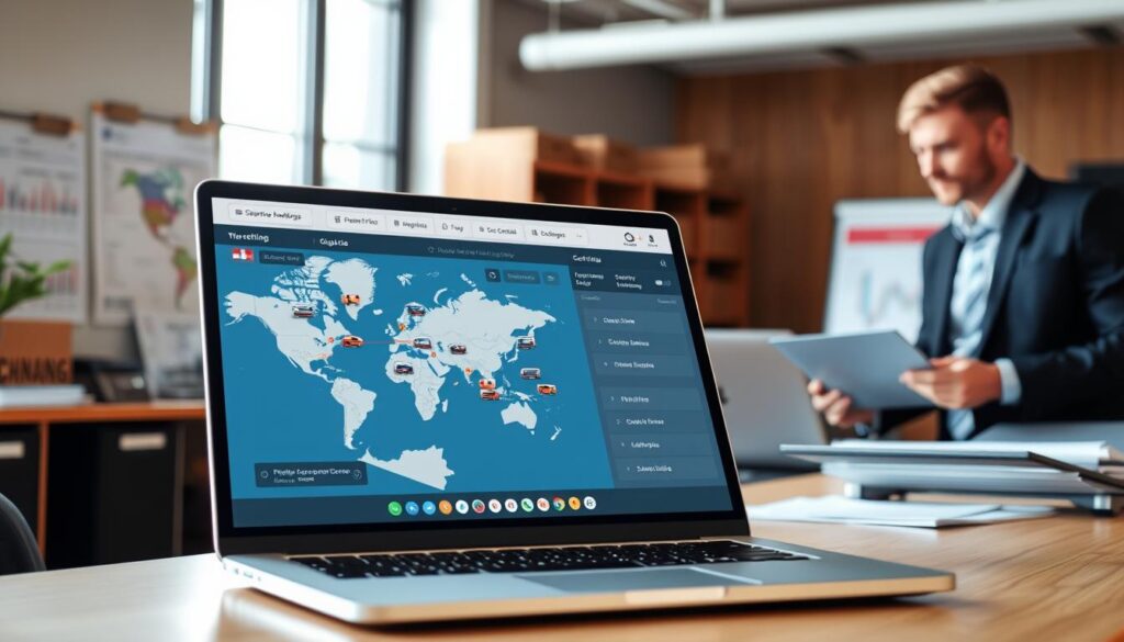 A modern vehicle shipping tracking interface displayed on a sleek laptop in an office setting. In the foreground, the laptop screen shows a detailed map with moving vehicle icons, shipment statuses, and delivery timelines. The background features an organized office with shipping charts and logistics paperwork. Soft natural light filters through a window, highlighting the workspace in a warm and professional atmosphere. The scene conveys reliability and efficiency, illustrating the vehicle transport process clearly. A business professional in smart attire is engaged with the laptop, demonstrating focus and expertise. The overall mood is reassuring and efficient, showcasing the smooth operation of vehicle shipping services in Canada, emphasizing safety and reliability.