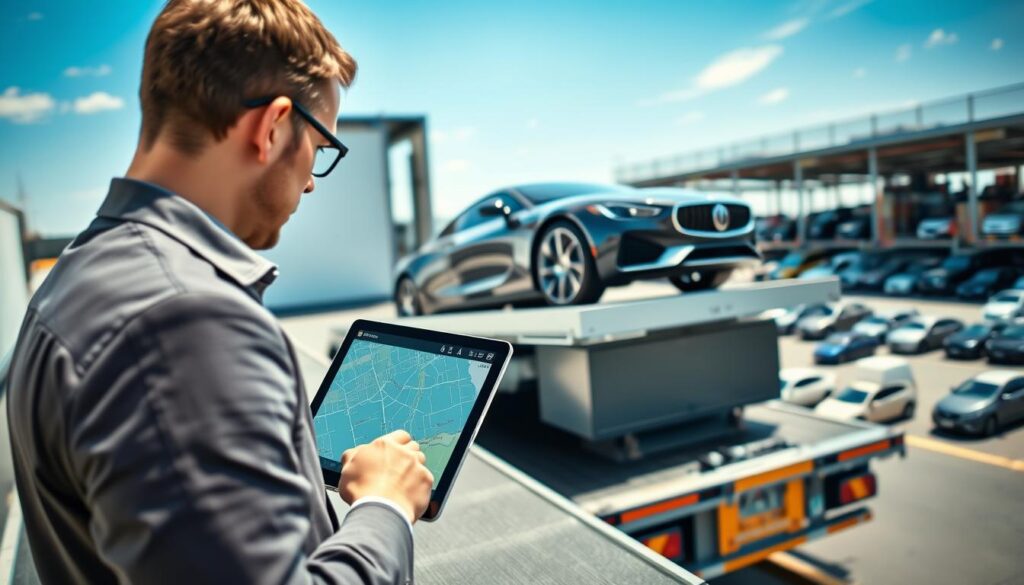 A modern vehicle tracking system in action, showcasing a sleek, high-tech car on a flatbed truck as it is being loaded for transport. In the foreground, a professional personnel in business attire examines a digital tablet displaying a real-time location map with tracking data. The middle-ground features the truck, highlighting its advanced GPS equipment, while the background reveals a bustling shipping yard filled with other transport vehicles and cars under blue skies. The scene is illuminated by soft, natural light, creating a sense of urgency and professionalism. Capture the dynamic atmosphere of auto transport, emphasizing the reliability and efficiency of the car shipping service. The angle should be slightly elevated to provide a comprehensive view of the vehicle tracking process, ensuring a clear focus on the technology in use.