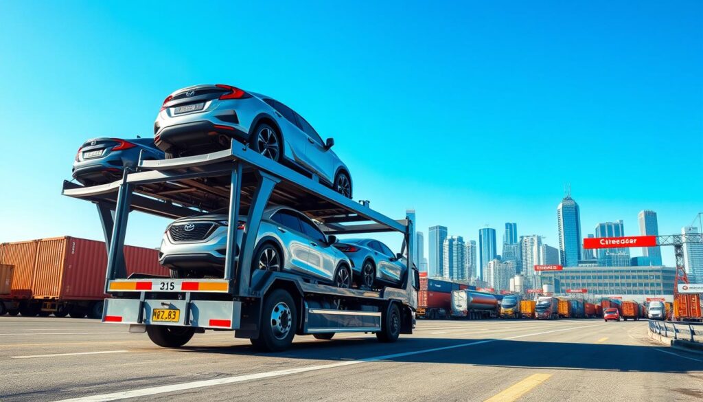 A modern vehicle transport scene depicting a sleek truck carrying cars on a multi-level car carrier, positioned prominently in the foreground. In the middle, a busy logistics hub with shipping containers and vibrant signage, all under a bright blue sky. In the background, a clear view of a city skyline to suggest urban transportation routes. The lighting should be bright and clear, hinting at midday sun, with natural shadows cast by the truck and buildings. Use a slightly angled perspective to emphasize the truck's height and the dynamic flow of the transport environment. The overall atmosphere should feel efficient and industrious, reflecting the reliability and precision of vehicle shipping services.