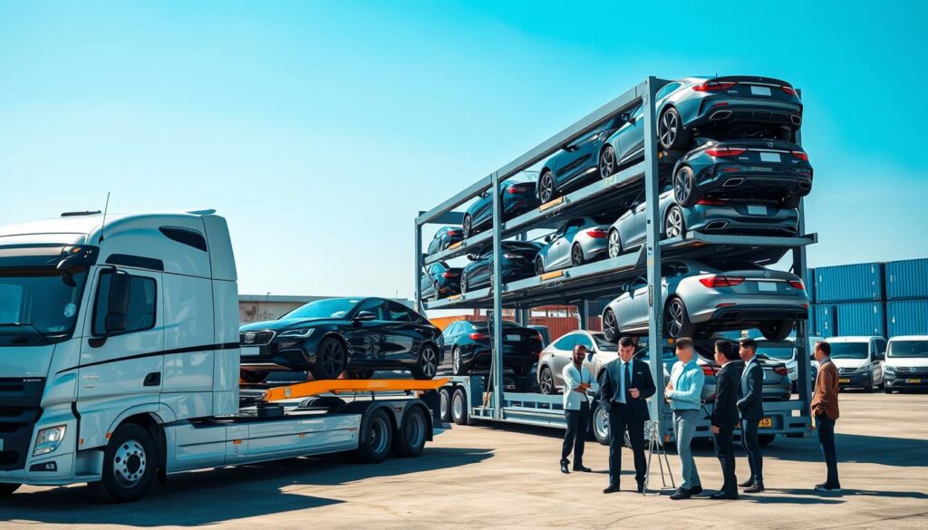 A modern vehicle transport scene set in a busy logistics yard. In the foreground, a sleek, multi-level car carrier truck is parked, showcasing a variety of vehicles, including sedans and SUVs, securely positioned on its tiers. The middle ground features a diverse team of professionals in business attire evaluating the cars, demonstrating meticulous attention to detail as they discuss transport strategies. Background elements include a clear blue sky and well-organized rows of vehicles awaiting shipment, with containers and transport equipment subtly dotting the landscape. The lighting is bright and natural, suggesting a productive daytime atmosphere, with soft shadows cast by the sunlight. The angle is slightly elevated to capture the full scope of the transport services in action, conveying a sense of reliability and efficiency.