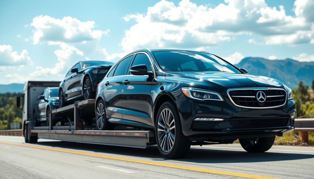 A modern vehicle transport scene showcasing a sleek car carrier truck transporting several vehicles along the scenic route from Toronto to Calgary. In the foreground, a polished, gleaming black sedan is prominently displayed on the carrier with its glimmering finish reflecting the sunlight. The middle ground features the truck driving along a highway, flanked by lush green trees and distant mountains, capturing the essence of Canadian landscapes. The background reveals a bright blue sky with fluffy white clouds, suggesting a sunny day perfect for car shipping. The composition is captured from a slightly elevated angle, providing an expansive view of the transport journey. The atmosphere is professional and trustworthy, emphasizing reliability in vehicle shipping services. A modern vehicle transport scene showcasing a sleek car carrier truck transporting several vehicles along the scenic route from Toronto to Calgary. In the foreground, a polished, gleaming black sedan is prominently displayed on the carrier with its glimmering finish reflecting the sunlight. The middle ground features the truck driving along a highway, flanked by lush green trees and distant mountains, capturing the essence of Canadian landscapes. The background reveals a bright blue sky with fluffy white clouds, suggesting a sunny day perfect for car shipping. The composition is captured from a slightly elevated angle, providing an expansive view of the transport journey. The atmosphere is professional and trustworthy, emphasizing reliability in vehicle shipping services.