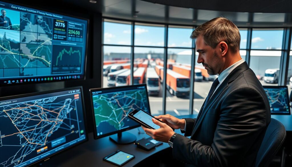 A modern vehicle transport tracking scene showcasing a sleek, high-tech control room with multiple large screens displaying real-time logistics data. In the foreground, a professional logistics manager, dressed in smart business attire, analyzes the tracking information on a touchscreen tablet, looking focused and engaged. The middle ground includes advanced tracking systems that map the routes of various vehicles with pinpoint accuracy, illuminated by bright LED lights. In the background, large windows reveal a busy outdoor transport yard filled with neatly arranged shipping containers and parked trucks under a clear blue sky. The atmosphere is one of efficiency and trust, with a well-organized and high-tech feel, emphasizing reliability in car shipping solutions. Use bright, natural lighting and a slight wide-angle lens effect for a dynamic perspective.