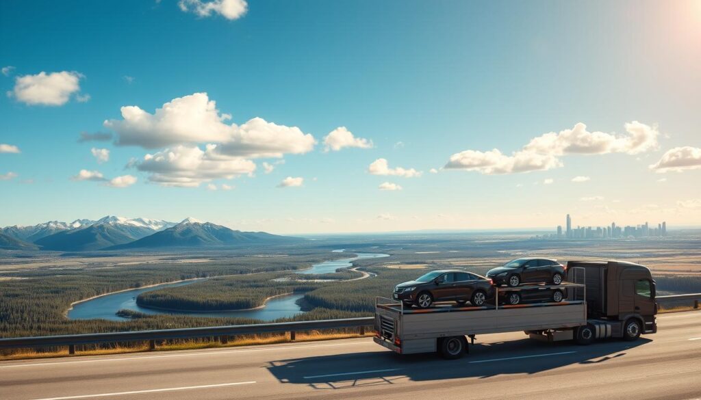 A panoramic view of Canada, showcasing diverse landscapes from coast to coast. In the foreground, a sleek shipping truck loaded with various vehicles, symbolizing expert car transport solutions, is driving along a well-maintained highway. The middle ground features iconic Canadian scenery, including majestic mountains, vibrant forests, and a winding river, representing the beauty of the nation. In the background, a blue sky dotted with fluffy white clouds envelops a distant city skyline and expansive fields, highlighting both urban and rural destinations. Soft, warm sunlight casts a golden hue over the scene, creating an inviting and professional atmosphere that emphasizes reliability and efficiency in vehicle transportation across Canada and to the United States. A panoramic view of Canada, showcasing diverse landscapes from coast to coast. In the foreground, a sleek shipping truck loaded with various vehicles, symbolizing expert car transport solutions, is driving along a well-maintained highway. The middle ground features iconic Canadian scenery, including majestic mountains, vibrant forests, and a winding river, representing the beauty of the nation. In the background, a blue sky dotted with fluffy white clouds envelops a distant city skyline and expansive fields, highlighting both urban and rural destinations. Soft, warm sunlight casts a golden hue over the scene, creating an inviting and professional atmosphere that emphasizes reliability and efficiency in vehicle transportation across Canada and to the United States.