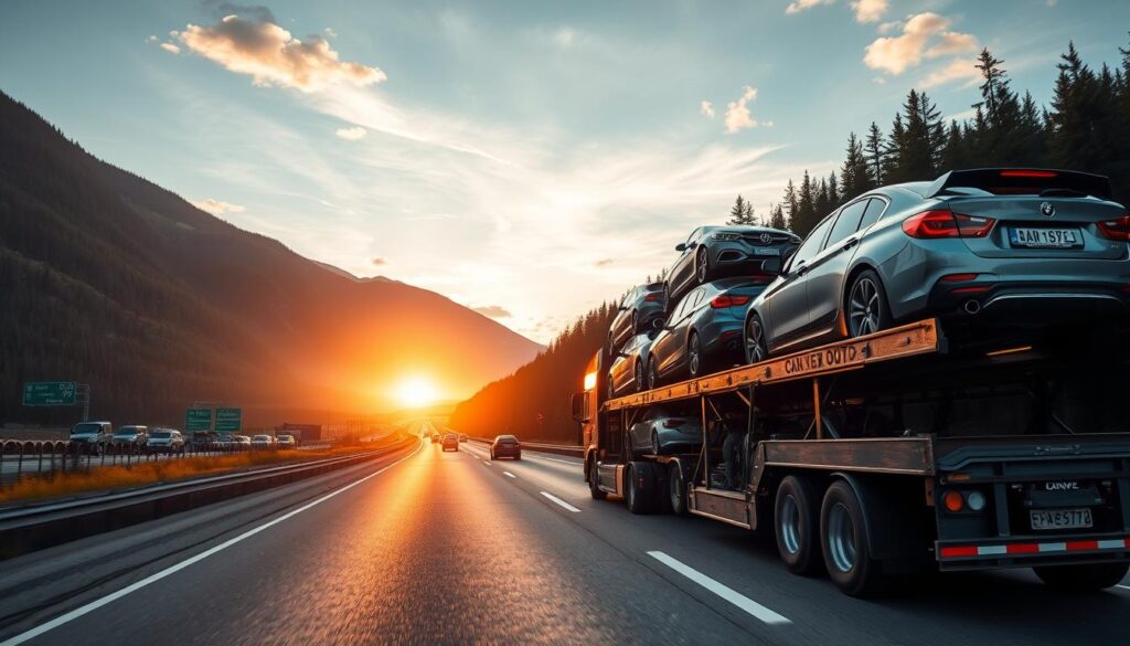 A panoramic view of a busy Canadian highway showcasing various vehicles being transported across the country. In the foreground, a sleek car transporter truck carries multiple cars securely, highlighting a mix of personal and commercial vehicles, including sedans and SUVs, in vibrant colors. The middle ground features the highway with signs indicating major cities and a scenic landscape of rolling hills and dense forests on either side. In the background, a stunning sunset casts a warm glow, reflecting off the vehicles, enhancing a sense of reliability and adventure in auto transport. The image should capture dynamic angles that emphasize movement and the vastness of Canada's landscapes, with natural lighting that adds warmth and a feeling of safety. A panoramic view of a busy Canadian highway showcasing various vehicles being transported across the country. In the foreground, a sleek car transporter truck carries multiple cars securely, highlighting a mix of personal and commercial vehicles, including sedans and SUVs, in vibrant colors. The middle ground features the highway with signs indicating major cities and a scenic landscape of rolling hills and dense forests on either side. In the background, a stunning sunset casts a warm glow, reflecting off the vehicles, enhancing a sense of reliability and adventure in auto transport. The image should capture dynamic angles that emphasize movement and the vastness of Canada's landscapes, with natural lighting that adds warmth and a feeling of safety.