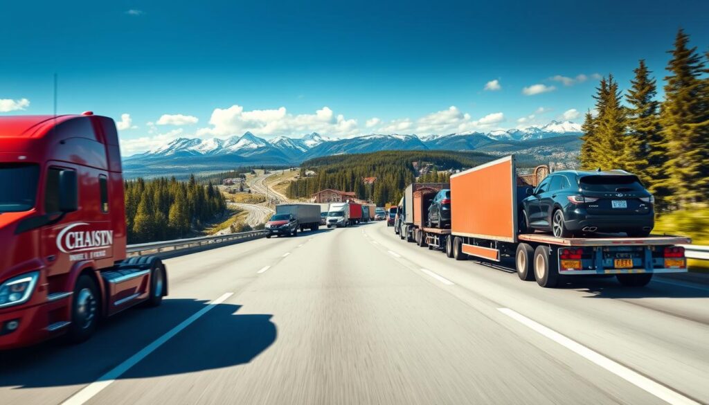A panoramic view of a convoy of trucks transporting vehicles across a picturesque Canadian landscape. In the foreground, a sleek red transport truck is prominently displayed, loading a shiny SUV under a clear blue sky that casts bright, natural lighting on the scene. In the middle ground, an array of neatly lined trucks carrying various cars traverse a winding highway beside lush forests and distant snow-capped mountains, symbolizing vast distances and reliable transport. The background features rolling hills and a charming distant town, with soft clouds gently drifting. The mood is vibrant and dynamic, showcasing speed and professionalism in vehicle transport. The composition captures a sense of safety and reliability, ideal for a service-focused article on auto shipping.