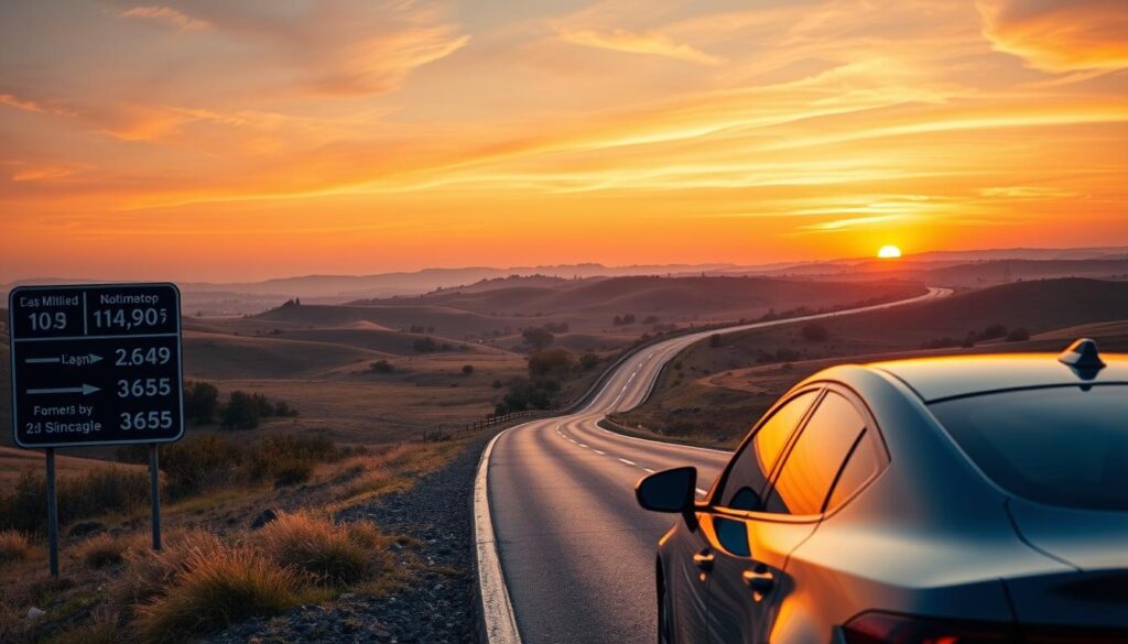 A panoramic view of a winding highway stretching into the distance, illustrating the concept of car shipping routes. In the foreground, a sleek, modern car is parked beside a road sign showing various destinations and mileage. The middle ground features rolling hills with patches of trees and fields, enhancing the sense of journey. In the background, a sunset casts warm orange and pink hues across the sky, symbolizing the transition of time and distance. The scene should have a soft, golden glow, creating an inviting and hopeful atmosphere. The image is captured with a wide-angle lens from a slightly elevated vantage point, emphasizing the expansive route ahead.