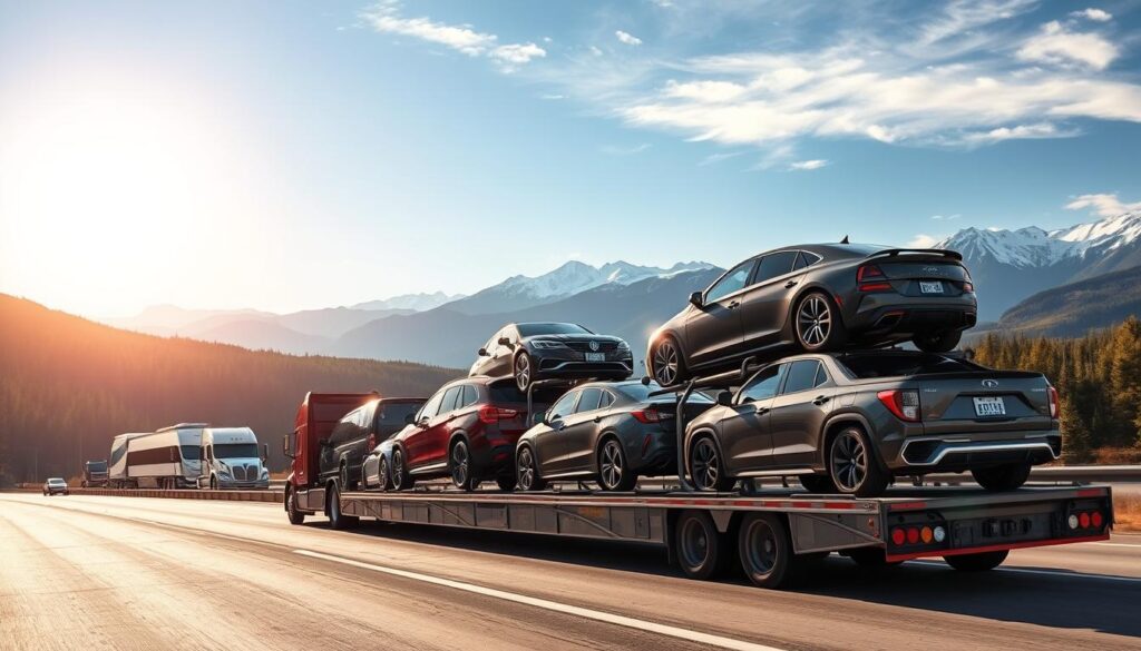 A panoramic view showcasing a diverse range of vehicles being transported across the stunning landscapes of Canada. In the foreground, a modern car hauler trailer, loaded with various automobiles like sedans, SUVs, and trucks, glides along a scenic highway. In the middle ground, dramatic Canadian scenery unfolds, featuring lush forests, towering mountains, and serene lakes, under a clear blue sky. The sunlight casts a warm glow, enhancing the vibrant colors of the landscape and vehicles. The background reveals distant snow-capped peaks, emphasizing the vastness of the Canadian wilderness. The atmosphere is one of professionalism and reliability, evoking a sense of trust in transport services. Capture this image from a slightly elevated angle to provide depth and perspective, showcasing the journey across Canada. A panoramic view showcasing a diverse range of vehicles being transported across the stunning landscapes of Canada. In the foreground, a modern car hauler trailer, loaded with various automobiles like sedans, SUVs, and trucks, glides along a scenic highway. In the middle ground, dramatic Canadian scenery unfolds, featuring lush forests, towering mountains, and serene lakes, under a clear blue sky. The sunlight casts a warm glow, enhancing the vibrant colors of the landscape and vehicles. The background reveals distant snow-capped peaks, emphasizing the vastness of the Canadian wilderness. The atmosphere is one of professionalism and reliability, evoking a sense of trust in transport services. Capture this image from a slightly elevated angle to provide depth and perspective, showcasing the journey across Canada.