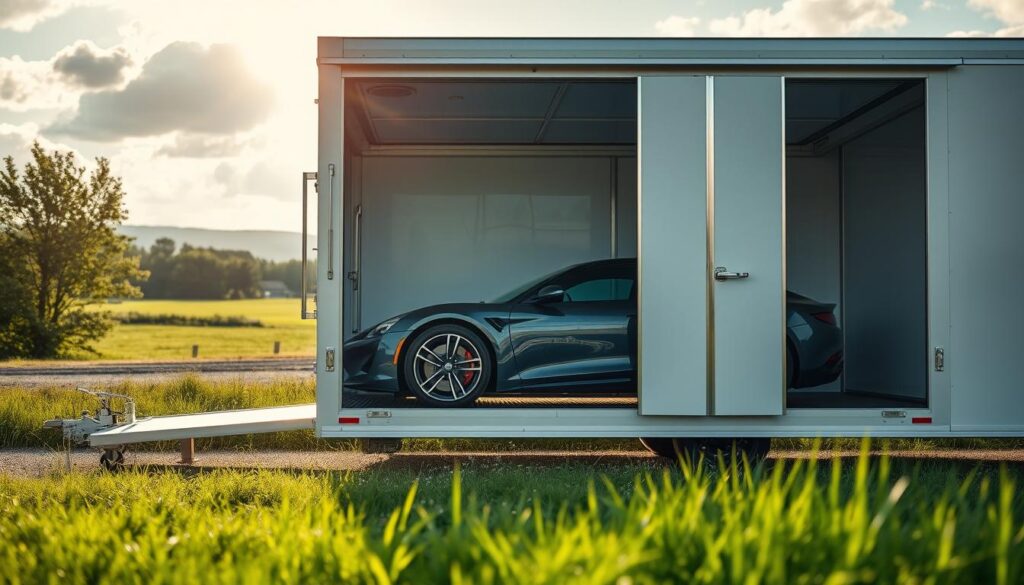 A pristine, enclosed car transport trailer parked in a lush green setting, with a sleek luxury vehicle safely inside, visible through a transparent side panel. In the foreground, focus on the vehicle's shiny exterior reflecting the sunlight, emphasizing its protection. The middle section features the enclosure's sturdy frame and secure locking mechanisms, showcasing durability. In the background, a serene landscape with soft, diffused sunlight streaming through gentle clouds creates an atmosphere of safety and tranquility. Use a wide-angle lens to capture the entire scene, highlighting the reliability of the transport. The overall mood should convey reassurance and protection, ideal for those considering enclosed car shipping. A pristine, enclosed car transport trailer parked in a lush green setting, with a sleek luxury vehicle safely inside, visible through a transparent side panel. In the foreground, focus on the vehicle's shiny exterior reflecting the sunlight, emphasizing its protection. The middle section features the enclosure's sturdy frame and secure locking mechanisms, showcasing durability. In the background, a serene landscape with soft, diffused sunlight streaming through gentle clouds creates an atmosphere of safety and tranquility. Use a wide-angle lens to capture the entire scene, highlighting the reliability of the transport. The overall mood should convey reassurance and protection, ideal for those considering enclosed car shipping.