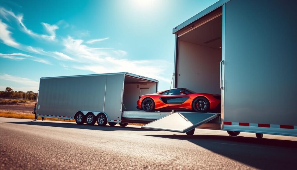 A pristine, modern enclosed auto transport trailer, parked on a sunlit asphalt road, with the trailer's rear doors open to reveal a luxurious sports car safely secured inside. In the foreground, focus on the sleek lines of the transport trailer, showcasing its metallic exterior and smooth curves. The middle ground features the immaculate sports car with its vibrant paint glistening under natural sunlight, highlighting its design and detailing. In the background, a clear blue sky with a few wispy clouds enhances the sense of openness. Soft, diffused lighting gives the scene a professional yet inviting atmosphere, with a slightly elevated angle to capture the entire transport setup. This image embodies safety and efficiency in car shipping, providing a sense of reliability in auto transport services.