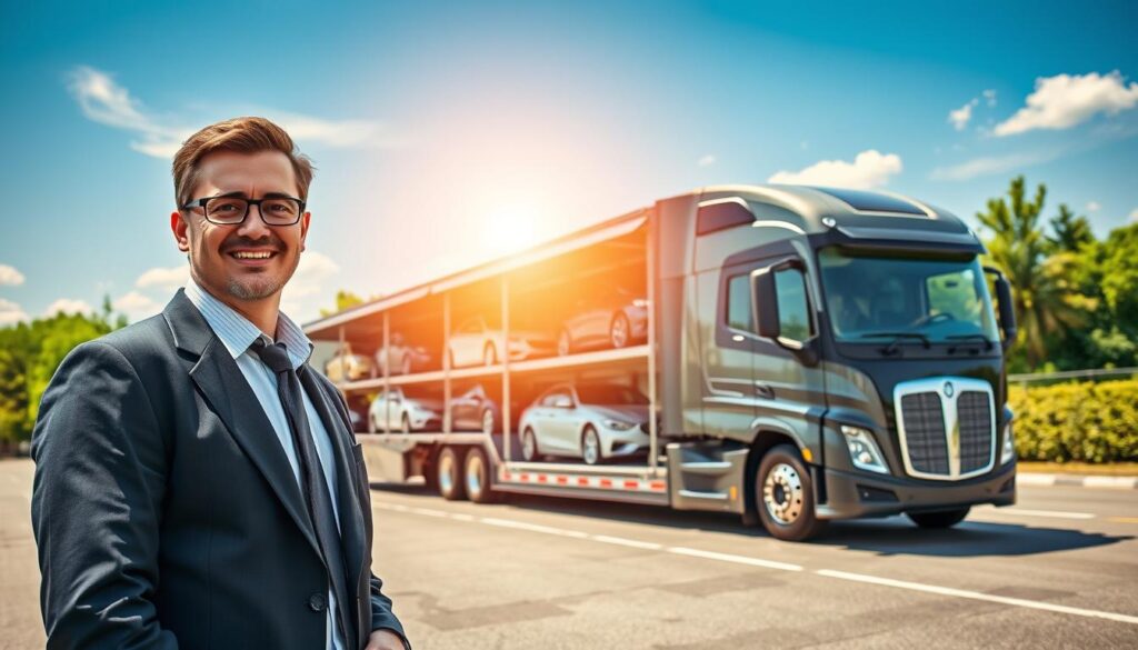 A professional and reliable car shipping scene, featuring a sleek, modern auto transport truck loaded with a variety of vehicles, symbolizing safe nationwide car shipping. In the foreground, show a friendly, professional driver in business attire, inspecting the truck and vehicles, exuding trust and reliability. In the middle ground, depict the transport truck parked in a well-organized transport yard, with vibrant greenery and clear blue skies in the background, suggesting a sunny day. The sun casts warm, inviting light, enhancing the clean, polished look of the cars. The angle is slightly elevated, offering a clear view of the transport truck while capturing the scale and security of car shipping services. The overall mood conveys peace of mind and professionalism, representing a dependable choice for customers. A professional and reliable car shipping scene, featuring a sleek, modern auto transport truck loaded with a variety of vehicles, symbolizing safe nationwide car shipping. In the foreground, show a friendly, professional driver in business attire, inspecting the truck and vehicles, exuding trust and reliability. In the middle ground, depict the transport truck parked in a well-organized transport yard, with vibrant greenery and clear blue skies in the background, suggesting a sunny day. The sun casts warm, inviting light, enhancing the clean, polished look of the cars. The angle is slightly elevated, offering a clear view of the transport truck while capturing the scale and security of car shipping services. The overall mood conveys peace of mind and professionalism, representing a dependable choice for customers.