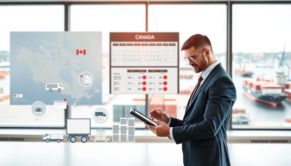 A professional and sleek image depicting the concept of "shipping cost" in the context of vehicle shipping to Canada. In the foreground, a business professional in smart casual attire calculates shipping costs on a digital tablet, surrounded by various vehicle icons and shipping invoices. The middle ground features a contemporary office setting with maps of Canada on the wall and a shipping calendar prominently displayed. In the background, a large window reveals a bustling harbor, with cargo ships and containers indicating international shipping activity. The lighting is bright and airy, creating a positive and informative atmosphere, while a slight focus blur on the background emphasizes the subject in the foreground.