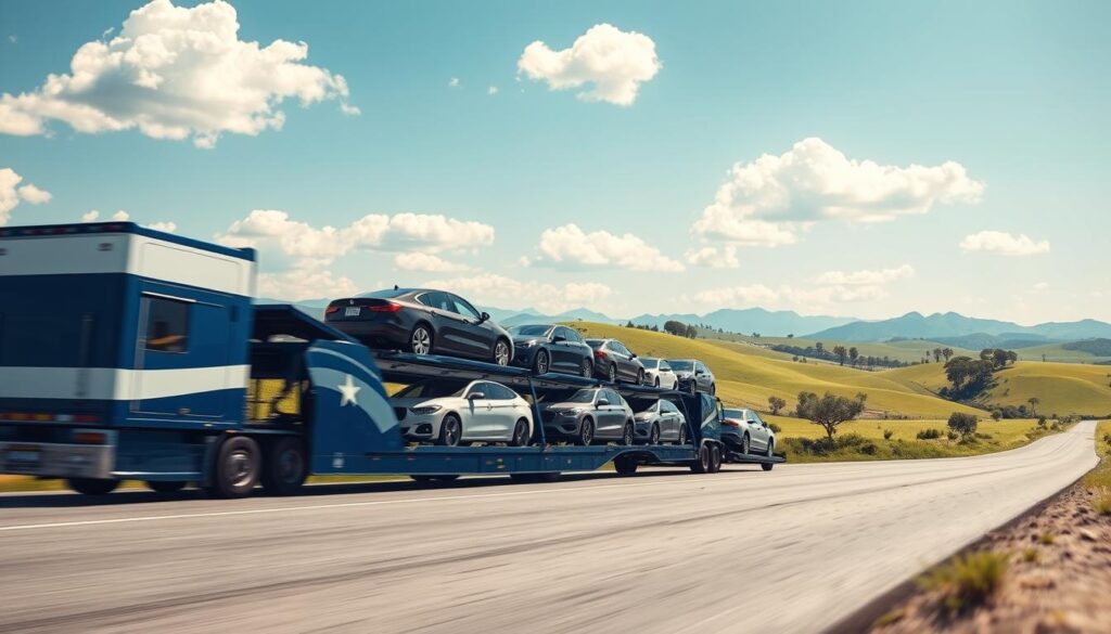 A professional and vibrant scene depicting state-to-state auto transport. In the foreground, a sleek transport truck, painted in blue and white, loaded with various cars, including sedans and SUVs, travels along an open road. The middle layer features a gently rolling landscape with green hills and occasional trees under a clear blue sky. In the background, distant mountains under fluffy white clouds create a sense of depth. The lighting is bright and sunny, casting soft shadows that enhance the details of the vehicles. Add a sense of motion, with the truck slightly angled as if it's driving toward the viewer. The atmosphere feels reliable and efficient, emphasizing the practicality of car shipping over long distances.