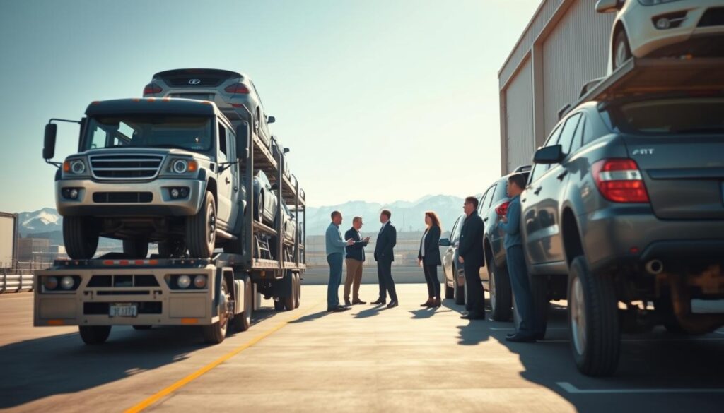 A professional auto transport scene set in a bustling logistics hub in Canada. In the foreground, a well-maintained car carrier truck, fully loaded with various vehicles, stands prominently. The middle ground features a diverse team of workers in professional attire, carefully inspecting vehicles and discussing the transport process, showcasing teamwork and trust. The background reveals a clear blue sky and a distant view of mountains, symbolizing Canada’s vast landscape. Soft, natural lighting bathes the scene, creating a warm and reliable atmosphere. The camera angle is slightly low, emphasizing the height of the truck and the professionalism of the workers, evoking a sense of safety and commitment to reliable auto transport services.