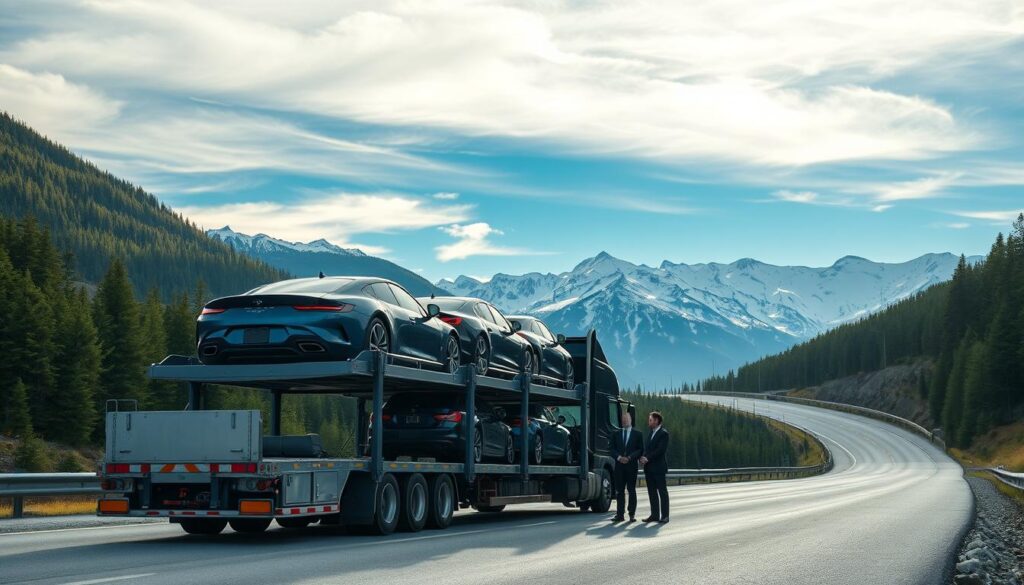 A professional auto transport scene set in a picturesque Canadian landscape. In the foreground, a sleek transport truck loaded with vehicles, showcasing modern, shiny cars secured safely on a multi-level carrier. The middle ground features a winding highway, flanked by lush green forests and majestic mountains under a clear blue sky with soft, natural lighting. In the background, snow-capped peaks reflect the sun, emphasizing the diverse Canadian terrain. A few professional individuals in business attire, standing beside the truck, discussing logistics. The entire atmosphere is one of reliability and efficiency, with a strong sense of adventure, capturing the essence of auto transport services across Canada.