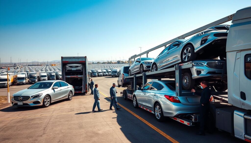 A professional auto transport scene set on a sunny day at a bustling vehicle transport hub. In the foreground, a large, modern transport truck loaded with cars, showcasing a variety of vehicles including sedans, SUVs, and a vintage car, all secured and ready for transport. The middle ground features workers in professional attire, diligently inspecting and preparing the vehicles, conveying a sense of care and expertise. The background includes an expansive lot filled with more transport trucks and vehicles, with clear blue skies above. The atmosphere is efficient and organized, with natural light emphasizing the metallic shine of the cars and the professionalism of the staff. Shot in a wide-angle perspective to capture the scale of the operation.