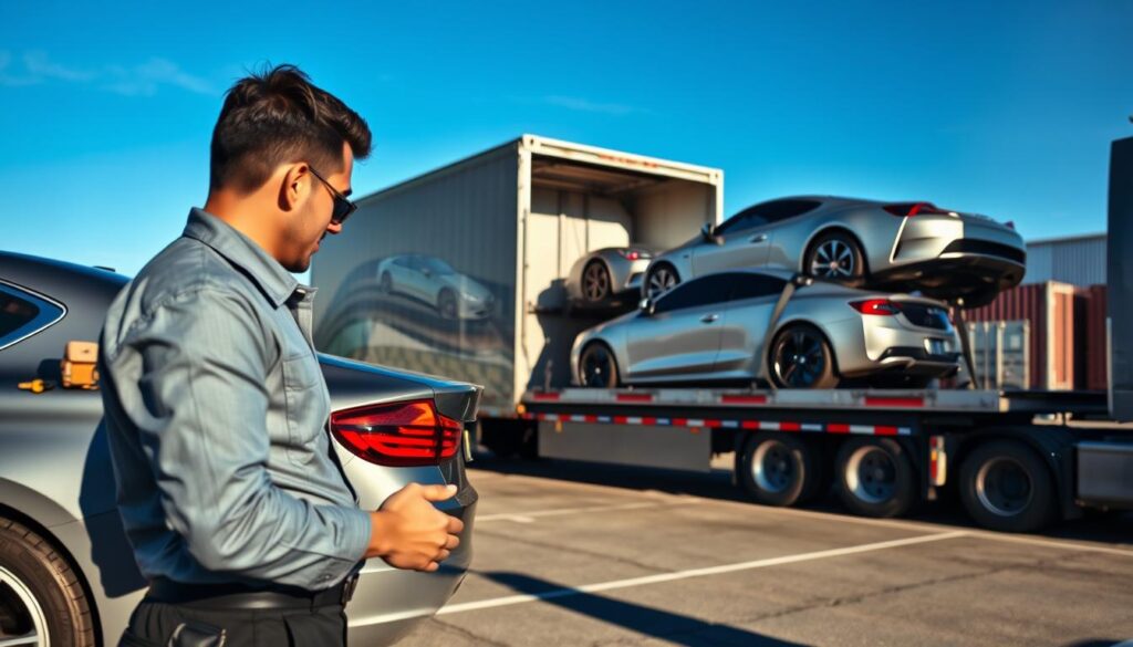 A professional auto transport service in action, showcasing a sleek car being loaded onto a modern car carrier truck. In the foreground, a technician in a well-fitted uniform examines the vehicle with care. The middle ground features a shiny, robust transport truck with multiple cars securely strapped on its expansive flatbed. In the background, an industrial lot facilitates auto shipping, with other transport vehicles and containers visible under a clear blue sky. The scene is well-lit, capturing the details of the vehicles and equipment, with a slight perspective angle to emphasize the scale. The atmosphere conveys efficiency and reliability, reflecting a trusted auto transport service environment.