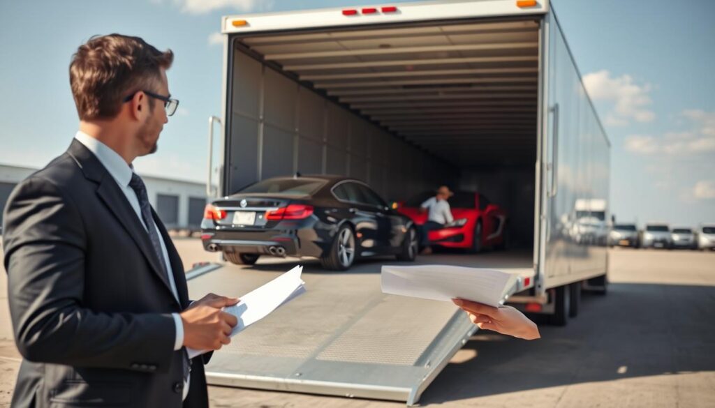 A professional auto transporter loading luxury vehicles onto an open car carrier trailer in a secure shipping yard. In the foreground, focus on a well-dressed male auto hauler company representative examining paperwork, conveying trust and reliability. The middle ground features a shiny black sedan and a red sports car being carefully loaded by a worker, showcasing the precision of vehicle transport. In the background, a neatly arranged fleet of car carriers awaits their next shipment, with a bright blue sky above, symbolizing clarity and professionalism. Soft, natural lighting enhances the scene, captured from a slightly elevated angle to provide depth and perspective, creating a sense of organized efficiency and security in vehicle transport.