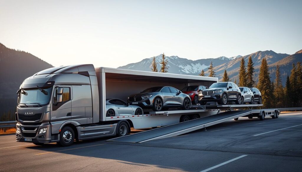 A professional automobile transport scene in Canada, featuring a sleek truck with an enclosed car carrier transporting luxury vehicles. In the foreground, show the truck parked at a loading dock with a smooth ramp leading up to the carrier. The middle ground includes a variety of vehicles being loaded onto the carrier, showcasing different models, colors, and sizes that represent diverse transport options. The background features a scenic Canadian landscape with mountains and pine trees, underbright blue skies. The lighting is soft and natural, suggesting early morning or late afternoon. The composition captures a sense of professionalism and reliability in automobile transport services, evoking trust and efficiency in the industry.