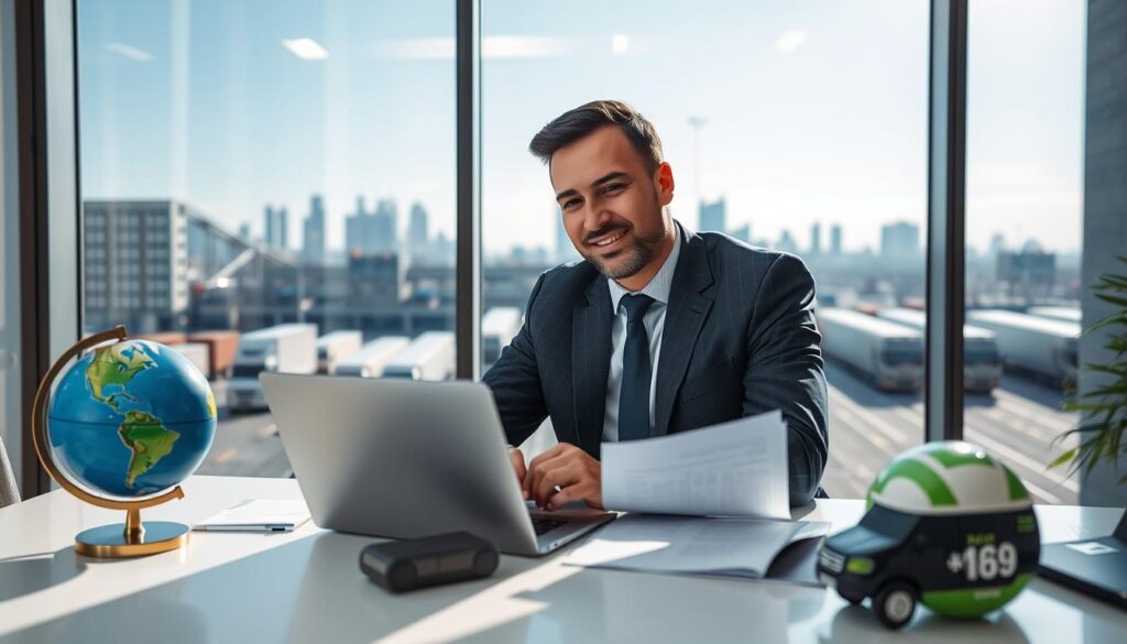 A professional car shipping broker in an office setting, seated at a modern desk with a laptop open, reviewing shipping documents with a focused expression. The foreground features a neatly arranged workspace with a globe and car model, symbolizing global auto transport. In the middle ground, there should be a large window showcasing a busy transport yard with trucks ready for car shipping. The background highlights an urban skyline under a bright blue sky, evoking a sense of reliability and professionalism. Soft natural lighting illuminates the scene from the window, creating a welcoming atmosphere. The broker is dressed in a smart business suit, exuding confidence and expertise, with a slight smile suggesting approachability.