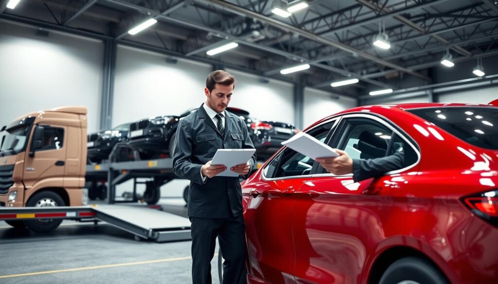 A professional car shipping pickup inspection scene set at a modern vehicle transport facility. In the foreground, a well-dressed auto technician, wearing a smart uniform, inspects a red sedan, checking its exterior for damages and documenting findings on a clipboard. In the middle, a large car carrier truck is parked, ready for loading, showcasing several vehicles on its platform. The background features a clean, organized loading area with bright overhead lights illuminating the scene. The atmosphere is focused and efficient, reflecting a professional car shipping operation. Capture the scene from a slightly elevated angle to provide depth and context, while ensuring natural daylight enhances the colors and details of both the vehicles and the environment. A professional car shipping pickup inspection scene set at a modern vehicle transport facility. In the foreground, a well-dressed auto technician, wearing a smart uniform, inspects a red sedan, checking its exterior for damages and documenting findings on a clipboard. In the middle, a large car carrier truck is parked, ready for loading, showcasing several vehicles on its platform. The background features a clean, organized loading area with bright overhead lights illuminating the scene. The atmosphere is focused and efficient, reflecting a professional car shipping operation. Capture the scene from a slightly elevated angle to provide depth and context, while ensuring natural daylight enhances the colors and details of both the vehicles and the environment.