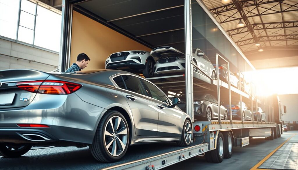 A professional car shipping process scene, focusing on the loading of vehicles onto a transport truck. In the foreground, show a sleek, modern sedan being carefully driven onto the ramp of a large car hauler, with an experienced driver assisting. In the middle ground, the car hauler is fully loaded with various cars, showcasing different models and colors, reflecting care and precision in auto transport. The background features a warehouse or loading bay with bright, natural sunlight streaming in, casting soft shadows, enhancing the atmosphere of professionalism and reliability. The image angle is slightly low to emphasize the height of the truck and the various cars in transport. The overall mood should convey trust, efficiency, and a sense of security in the car shipping process.