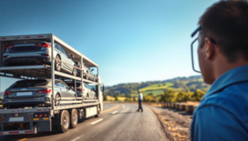 A professional car shipping scene depicting a modern auto transport truck loaded with various vehicles, including sedans and SUVs. In the foreground, the truck is parked on a well-paved highway under a clear blue sky, emphasizing reliability and safety. In the middle ground, the truck driver, wearing a smart uniform, inspects the vehicles securely tied down in place, showcasing attention to detail. In the background, a scenic landscape with rolling hills and green trees illustrates the nationwide reach of the service. The lighting is bright and natural, with a soft focus on the landscape to create a welcoming and trustworthy atmosphere. The angle is slightly elevated, providing a comprehensive view of both the truck and the charming surroundings.