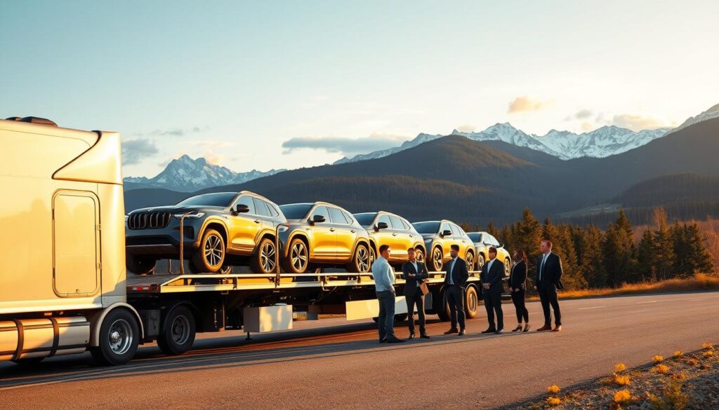 A professional car shipping scene set against the picturesque backdrop of the Canadian landscape. In the foreground, a well-maintained car carrier truck is parked, displaying a lineup of various vehicles ready for transport. The middle ground showcases a diverse group of business professionals in smart attire, discussing logistics beside the truck, emphasizing trust and reliability in auto transport. In the background, stunning Canadian scenery unfolds, featuring majestic mountains, lush forests, and a clear blue sky with soft clouds. Golden hour sunlight bathes the scene, creating a warm, inviting atmosphere. Capture the image from a slightly elevated angle to encompass both the vehicles and the professionals, while highlighting the nature around them, adding depth and context to the theme of trustworthy auto transport across Canada.