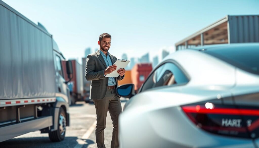 A professional car shipping service scene featuring a delivery truck parked beside a sleek, modern car awaiting pickup. In the foreground, a friendly delivery driver, dressed in smart, professional attire, is checking a clipboard with shipping details while standing next to the car. In the middle ground, a well-organized loading area with shipping containers and equipment hints at efficient operations. The background showcases a clear blue sky and distant, softly blurred city skyline, suggesting a vibrant and busy environment. The lighting is bright and natural, emphasizing a calm yet productive atmosphere. The composition is captured from a slightly elevated angle, allowing for a comprehensive view of the scene, while the colors are vibrant, reflecting a sense of reliability and professionalism in car shipping.
