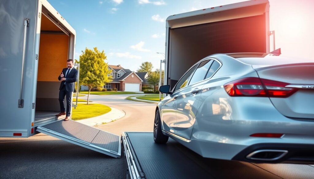 A professional car transport scene depicting a door-to-door auto shipping service. In the foreground, a pristine, shiny car being loaded onto a modern, open trailer truck by a trained transport professional dressed in smart business attire. In the middle ground, a suburban neighborhood with well-kept lawns and residential homes, emphasizing the convenience of door-to-door service. In the background, a clear blue sky with soft, warm sunlight filtering through the trees, creating a welcoming atmosphere. The image is captured with a slight low-angle perspective, showcasing the car's details and the professionalism of the transporter. The overall mood is efficient, reliable, and friendly, emphasizing the ease of automobile shipping across the US. A professional car transport scene depicting a door-to-door auto shipping service. In the foreground, a pristine, shiny car being loaded onto a modern, open trailer truck by a trained transport professional dressed in smart business attire. In the middle ground, a suburban neighborhood with well-kept lawns and residential homes, emphasizing the convenience of door-to-door service. In the background, a clear blue sky with soft, warm sunlight filtering through the trees, creating a welcoming atmosphere. The image is captured with a slight low-angle perspective, showcasing the car's details and the professionalism of the transporter. The overall mood is efficient, reliable, and friendly, emphasizing the ease of automobile shipping across the US.