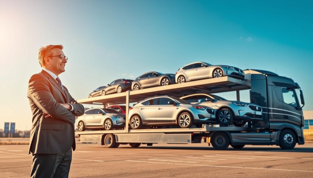 A professional car transport service scene set in a bustling environment, featuring a variety of vehicles being loaded onto and unloaded from a modern car carrier truck. In the foreground, a well-dressed transport service manager, wearing a business suit, discusses logistics with a happy customer beside a shiny sedan. The middle layer showcases the car carrier truck, sleek and robust, loaded with vehicles of different models, representing the variety offered. In the background, a wide-open area with a clear blue sky includes banners or signs indicating `Expert Car Transport Service`, emphasizing reliability. Golden hour lighting casts a warm glow over the scene, creating a positive, professional atmosphere that reflects trust and service quality. A professional car transport service scene set in a bustling environment, featuring a variety of vehicles being loaded onto and unloaded from a modern car carrier truck. In the foreground, a well-dressed transport service manager, wearing a business suit, discusses logistics with a happy customer beside a shiny sedan. The middle layer showcases the car carrier truck, sleek and robust, loaded with vehicles of different models, representing the variety offered. In the background, a wide-open area with a clear blue sky includes banners or signs indicating `Expert Car Transport Service`, emphasizing reliability. Golden hour lighting casts a warm glow over the scene, creating a positive, professional atmosphere that reflects trust and service quality.