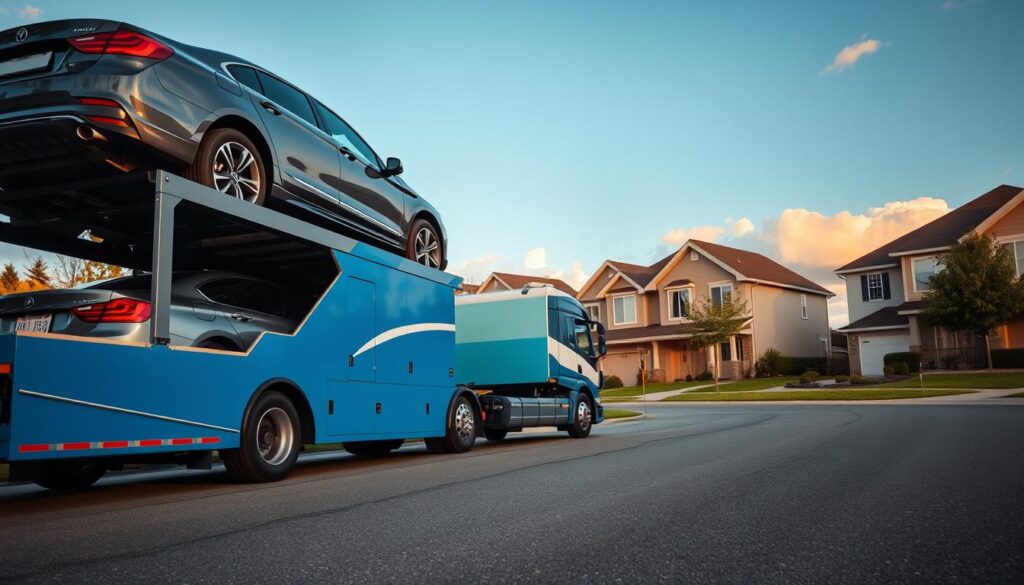 A professional, modern auto transport scene showcasing a car carrier truck in the foreground, loaded with vehicles, including a sleek sedan and a rugged SUV. The truck, with a bright blue and white color scheme, is parked on a well-paved road, emphasizing its utility. In the middle ground, a calm suburban neighborhood is visible, with neat houses and green lawns, creating a relatable atmosphere. The background features a clear blue sky and gentle clouds, illuminated by warm afternoon sunlight, enhancing the inviting mood. The composition should be captured from a low angle to emphasize the size of the carrier truck, while maintaining a focus on the vehicles being loaded, without any people or distractions, ensuring a professional and appealing presentation.