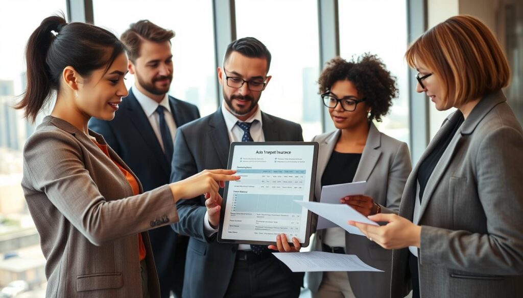 A professional office environment showcasing a diverse group of business people engaged in a discussion about auto transport insurance. In the foreground, a woman in smart casual attire is pointing to a digital tablet displaying a chart with insurance coverage details. Beside her, a man in a sharp suit is taking notes, while a woman wearing glasses analyzes paperwork. In the middle background, a large window reveals a view of a busy city skyline, suggesting a corporate atmosphere. Soft, natural lighting streams through the window, casting a warm glow on the scene. The overall mood is focused and collaborative, emphasizing trust and professionalism in the context of auto transport coverage analysis.