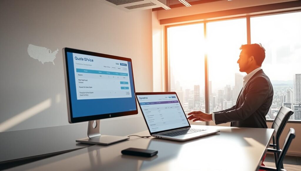 A professional setting featuring a bright, modern office with a sleek desk in the foreground. On the desk, a computer screen displays an interactive quote generation tool for car shipping services. A business professional in smart casual attire is intently reviewing the quote, showing focused engagement. In the middle ground, a large window reveals a panoramic view of a bustling cityscape, suggesting a vibrant urban environment where car shipping services thrive. The sunlight streams through the window, creating a warm and optimistic atmosphere. The background features a digitally illustrated map highlighting various states, symbolizing logistics and transportation. The overall mood is informative yet inviting, emphasizing the ease of understanding car shipping pricing in 2026.