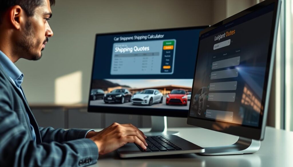 A professional setting showcasing a sleek, modern car shipping calculator interface on a high-resolution computer screen. In the foreground, a focused individual in business attire is reviewing shipping quotes on the screen, their fingers poised thoughtfully above the keyboard. In the middle ground, various images of cars ready for shipping, arranged neatly, emphasize the diverse vehicle options. The background features a subtle office environment with soft natural lighting streaming through a window, casting gentle shadows. The mood is efficient and focused, conveying a sense of urgency and professionalism. The composition should capture the essence of getting instant car shipping quotes quickly, emphasizing clarity and accessibility in vehicle shipping logistics.
