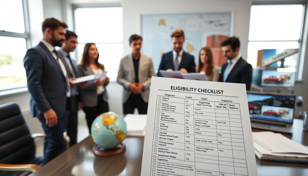 A professional vehicle eligibility checklist displayed prominently in a well-lit office environment, with a diverse group of individuals in business attire reviewing documents. In the foreground, focus on a detailed checklist featuring various vehicle types, including sedans, SUVs, trucks, and motorcycles, highlighting their eligibility criteria for shipping to Hawaii. The middle ground includes a large calendar with shipping dates circled, a globe indicating Hawaii's location, and a laptop showing images of eligible vehicles. The background features a map of Hawaii and shipping containers, symbolizing the transport process. Soft natural light filters in through large windows, creating a warm and professional atmosphere, while the camera angle captures the action from a slightly elevated perspective to provide depth.