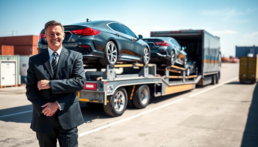 A professional vehicle shipping agent stands confidently next to a sleek car on a large transport truck, showcasing the process of car shipping in the United States. In the foreground, the agent is wearing a smart business suit and is smiling, demonstrating trust and expertise. The middle ground features the transport truck fully loaded with other cars, all secured with straps, highlighting efficiency and safety. The background shows a sunny, clear sky with a hint of an industrial area, perhaps with shipping containers and a distant loading dock. The lighting is bright and natural, casting soft shadows, and the angle is slightly low, emphasizing the height of the truck and the professionalism of the scene. The overall atmosphere conveys reliability, trust, and a hassle-free experience in vehicle shipping. A professional vehicle shipping agent stands confidently next to a sleek car on a large transport truck, showcasing the process of car shipping in the United States. In the foreground, the agent is wearing a smart business suit and is smiling, demonstrating trust and expertise. The middle ground features the transport truck fully loaded with other cars, all secured with straps, highlighting efficiency and safety. The background shows a sunny, clear sky with a hint of an industrial area, perhaps with shipping containers and a distant loading dock. The lighting is bright and natural, casting soft shadows, and the angle is slightly low, emphasizing the height of the truck and the professionalism of the scene. The overall atmosphere conveys reliability, trust, and a hassle-free experience in vehicle shipping.