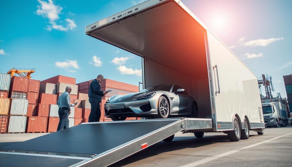A professional vehicle shipping scene featuring a sleek enclosed car transport trailer parked in a bustling shipping yard. In the foreground, the trailer is shown open, revealing a shiny luxury car carefully secured inside, highlighting its protective interior. The middle ground includes workers in professional attire inspecting the vehicle, demonstrating attention to detail and care. The background showcases stacked containers and other transport vehicles under a bright blue sky, emphasizing the industrial aspect of car shipping. The image captures the mood of professionalism and reliability, with soft sunlight illuminating the scene, creating a warm and inviting atmosphere while showcasing the importance of vehicle protection during transport. The angle is slightly low, looking up at the trailer to convey its size and significance.