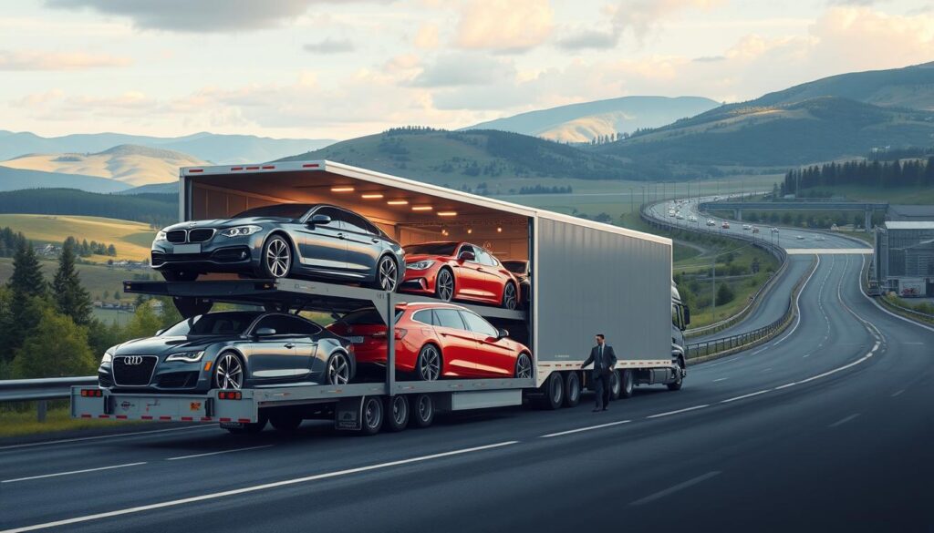 A professional, visually captivating illustration of various vehicle transport options for auto shipping. In the foreground, display a diverse selection of cars being loaded onto a large car carrier truck, showcasing different colors and styles to suggest variety. In the middle ground, include a well-lit facility where vehicles are being prepared for transport, with staff in professional attire ensuring safety and organization. The background should depict a scenic route connecting Calgary to Toronto, accented by lush greenery and rolling hills, implying a safe journey. Use soft, natural lighting to create a warm atmosphere, captured from a slightly elevated angle to emphasize the scale of the transport options. A professional, visually captivating illustration of various vehicle transport options for auto shipping. In the foreground, display a diverse selection of cars being loaded onto a large car carrier truck, showcasing different colors and styles to suggest variety. In the middle ground, include a well-lit facility where vehicles are being prepared for transport, with staff in professional attire ensuring safety and organization. The background should depict a scenic route connecting Calgary to Toronto, accented by lush greenery and rolling hills, implying a safe journey. Use soft, natural lighting to create a warm atmosphere, captured from a slightly elevated angle to emphasize the scale of the transport options.