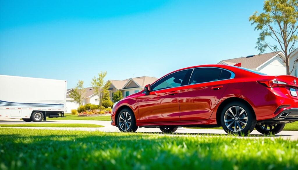 A red sedan parked in a sunny residential neighborhood with a clear blue sky serves as the foreground. The car's glossy finish reflects the sunlight, highlighting its sleek curves and modern design. In the middle ground, a wide driveway is visible, lined with green grass and colorful flowers, suggesting a home environment. To the left, there's a moving truck partially visible, indicating the process of car shipping. The background features a sunny suburban landscape with neatly manicured homes and a few trees swaying gently in the breeze. The scene captures a sense of reliability and peace, with soft, natural lighting creating an inviting atmosphere. The angle is slightly elevated, providing a comprehensive view of the vehicle and its surroundings, emphasizing the convenience of shipping a car across state lines.