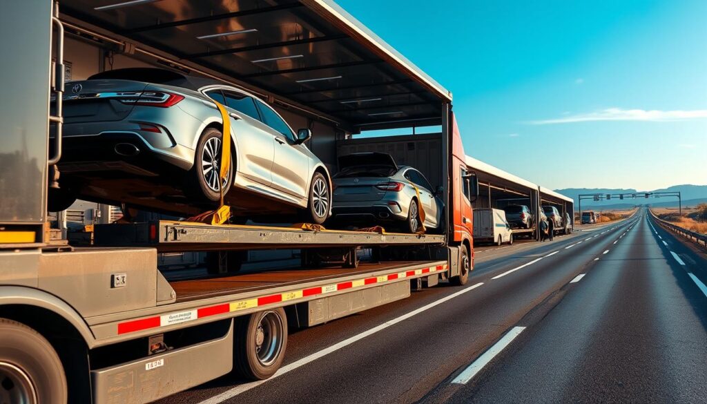 A reliable auto transport scene featuring a modern car carrier truck in the foreground, loaded with pristine vehicles secured with high-quality straps. In the middle ground, an organized, bustling auto transport facility with staff in professional attire efficiently managing logistics. The background showcases an open road leading into a clear blue sky, symbolizing the journey ahead. Use warm, natural lighting to highlight the gleaming vehicles and the professionalism of the workers. Capture the image from a slightly elevated angle to provide depth, emphasizing the safety and reliability of the auto transport process. The overall atmosphere should be one of trust and efficiency, invoking confidence in car freight services.