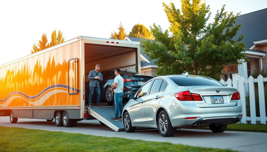 A reliable door-to-door auto transport scene set in the United States. In the foreground, a modern car hauler truck, brightly colored and well-maintained, is unloading a shiny sedan in a suburban neighborhood. The driver, dressed in professional attire, is interacting with a smiling car owner, who is casually dressed, conveying a sense of trust and service. In the middle ground, a residential house with a well-kept lawn and a clear blue sky above, emphasizing a welcoming atmosphere. The background features trees and a white picket fence, adding to the neighborhood charm. The lighting is warm and inviting, simulating a sunny afternoon. The image captures the essence of convenience and reliability in car shipping.