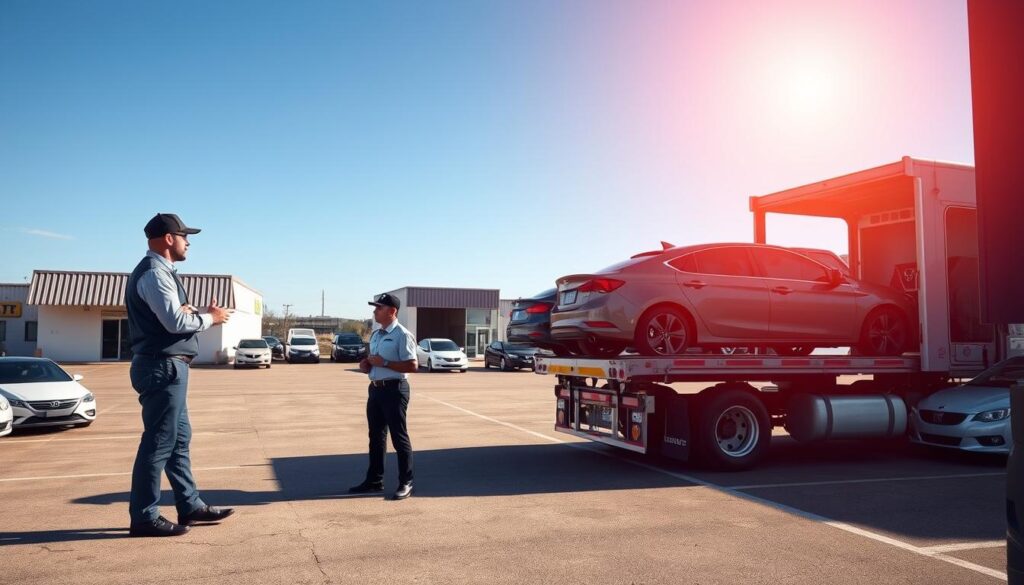 A reliable vehicle transport scene, showcasing a modern, open car carrier truck loaded with various vehicles including sedans and SUVs, parked in a well-lit, spacious shipping yard. In the foreground, a professional driver, dressed in a smart uniform, inspects the vehicles, ensuring they are secured for transport. The middle section features the sturdy transport truck with its vibrant colors contrasting against the clear blue sky. In the background, a small office building with a company logo can be seen, surrounded by neatly parked cars awaiting pickup. The lighting is bright and natural, evoking a sense of trust and reliability in the vehicle transport industry. The atmosphere is efficient and organized, reflecting the professionalism one should expect from a legitimate vehicle transport provider.