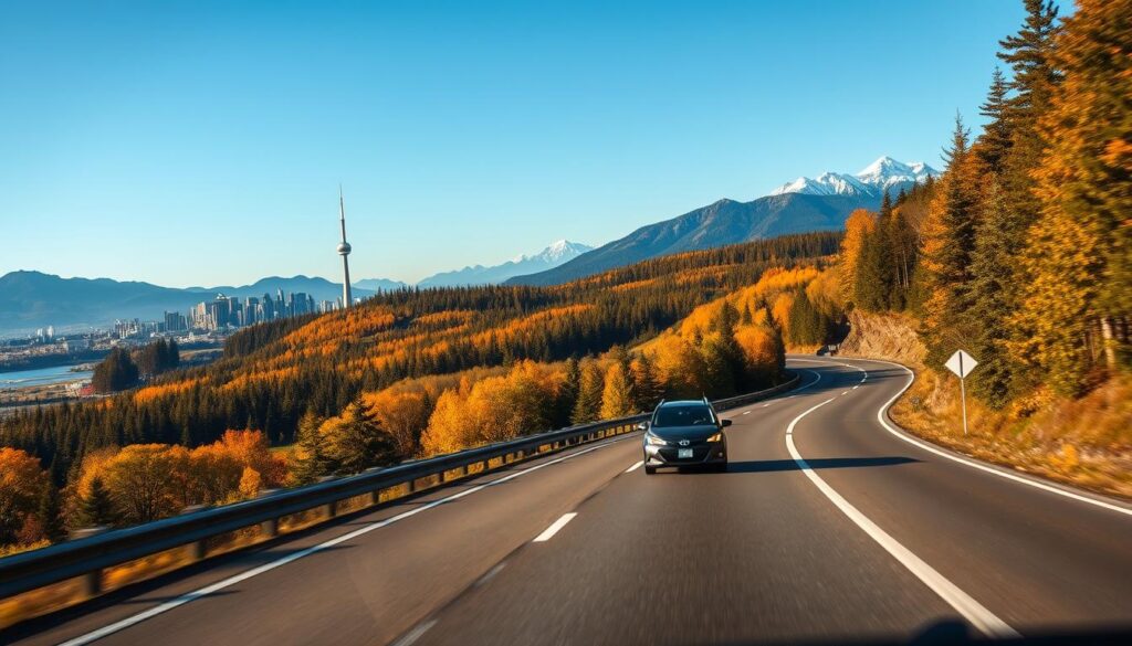 A scenic highway stretching through the diverse Canadian landscape between Toronto and Vancouver. In the foreground, a car is seen driving along a well-maintained road, flanked by trees and rolling hills, symbolizing the journey of car shipping. In the middle ground, a mix of vibrant green forests, mountains in the distance, and a clear blue sky, indicating the various terrains and climates encountered along the route. The background features the iconic skyline of Toronto on one side and the majestic mountains surrounding Vancouver on the other, showcasing the two endpoints of the journey. The lighting is warm and inviting, evoking a sense of adventure and ease. The angle is slightly elevated, capturing the road's winding path, emphasizing the essence of travel and logistics.